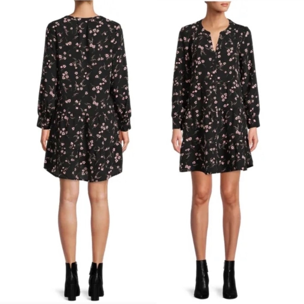 Time and Tru Women's Short Tiered Dress Black Floral